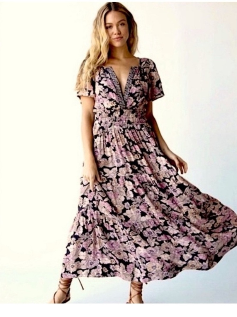 Natural Life Bella Floral Maxi Dress Tiered Pink Floral Prairie Boho Cottage S